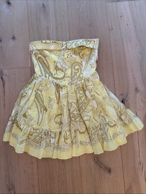 Retrofete Yellow Paisley Strapless Ruffled Mini Dress